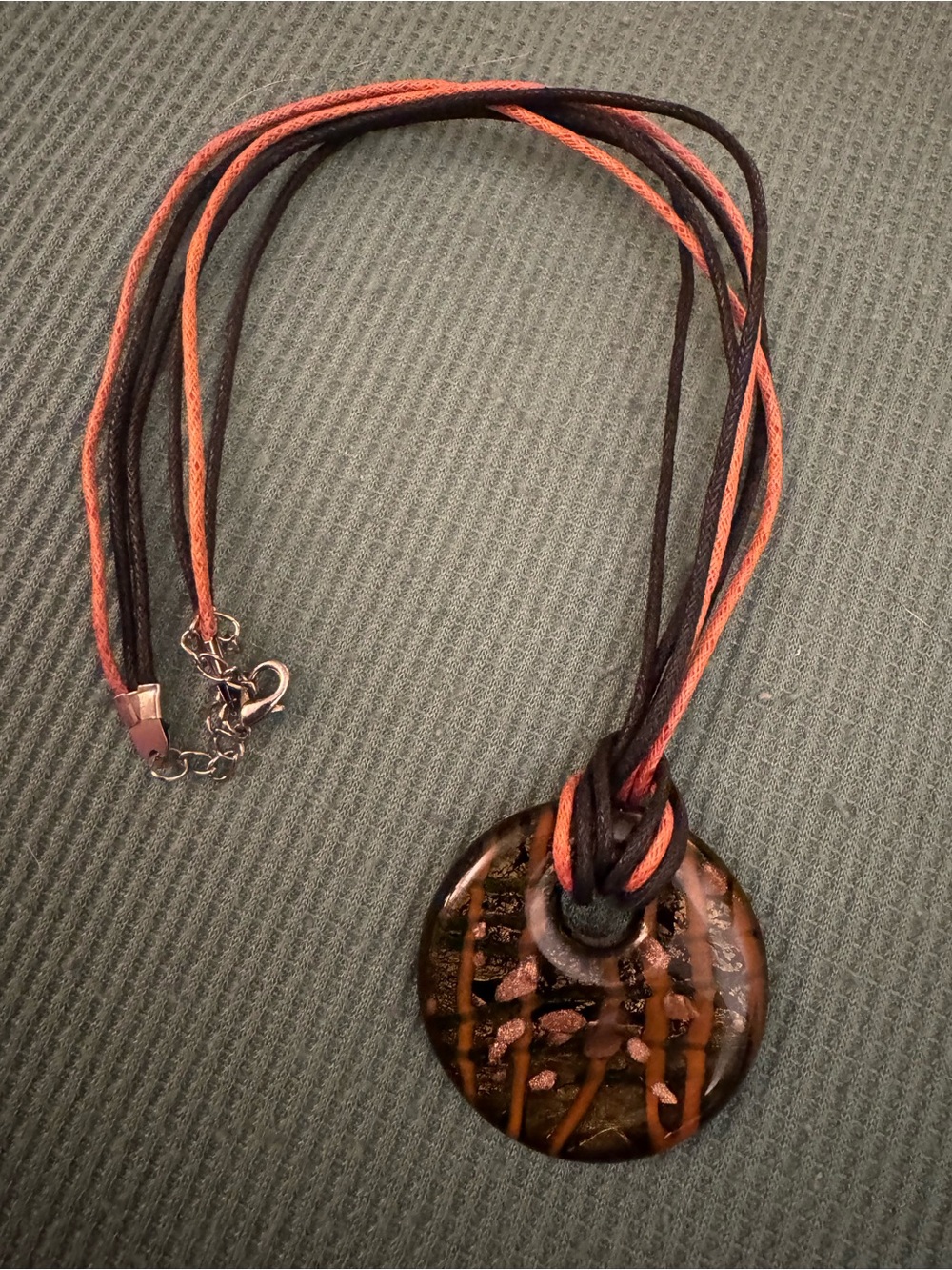 Handcrafted Brown Glass Pendant Necklace with Orange and Brown Cord